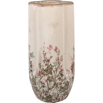 Váza Béžová antik keramická váza s růžovo-zelenými květy M - Ø 15*30 cm