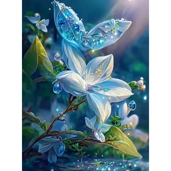 Diamantové malování Diamantové malování/Homfun - Modrý květ s kapkami vody
