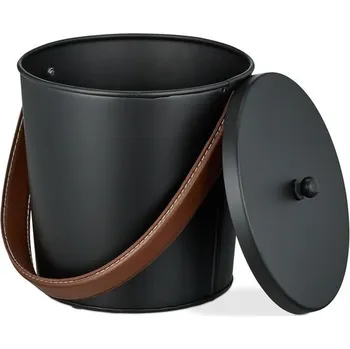 Relaxdays Ash kbelík s víkem, 4,5 l, kožená rukojeť, železný koš na uhlí, černá hnědá, pravá