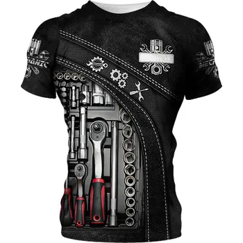 Pánské tričko tričko s 3D mechanickým potiskem, dílna & motor - XL Barva: Černá, Velikost: XL