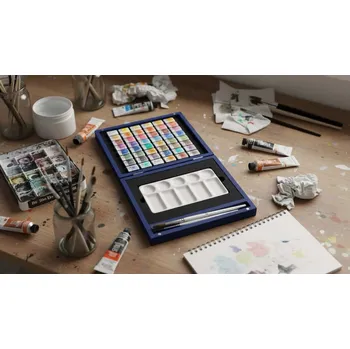 Vodová barva Luxusní sada akvarelových barev White Nights 48 ks v modré dřevěné kazetě s příslušenstvím