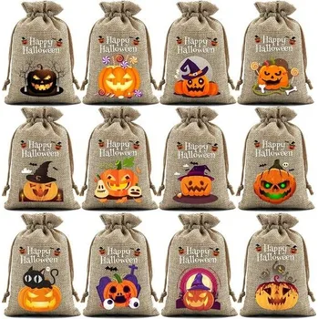 Halloweenské tašky, halloweenské dárkové tašky, jutové tašky, 12 kusů, design dýně, 14 x 10 cm,