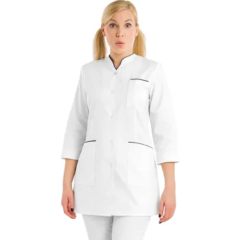 Zdravotnický oděv Dámský lékařský plášť s 3/4 rukávy, bílý s tmavě modrým lemováním, zástěra (38)