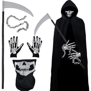 Karnevalový kostým Kostým Smrtky pro muže, kostým Smrtky pro dospělé, halloweenský kostým Smrtky, kosa a rukavice,