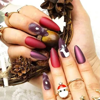 Brishow - Vánoční umělé nehty Elk Falešné nehty Balerína Akrylové nehty Celoplošné 24 kusů pro ženy a