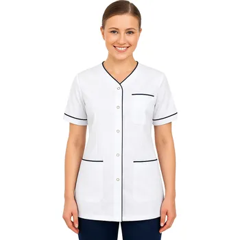 Zdravotnický oděv Dámský lékařský plášť bílý lékařský plášť s tmavě modrým lemováním (46)