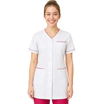 Zdravotnický oděv Dámský lékařský plášť bílý lékařský plášť s amarantovým lemováním (50)