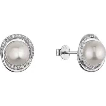 Náušnice Stříbrné náušnice pecky s bílou říční perlou a zirkony kulaté 21113.1