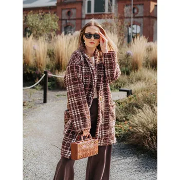 Dámský kabát Hnědý Bouclé Kabát Velikost: L/XL