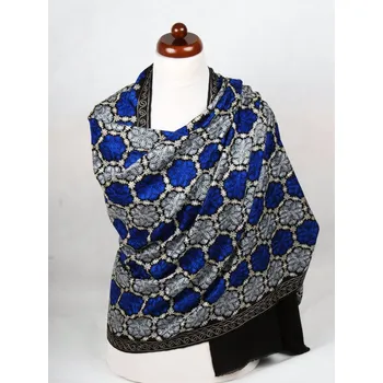 Šála Kašmírská vlněná šála vyšívaná hedvábím černá s tmavě modrou