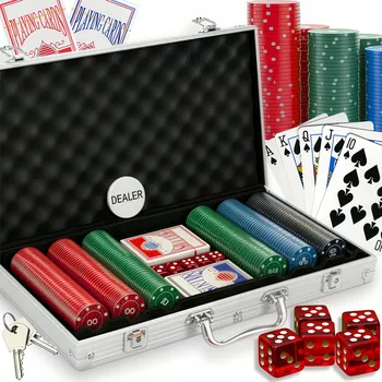 Pokerové sada POKER SET 300 ŽETONŮ 2 BALÍČKY KARET KOSTKY HERNÍ POKER SADA KUFŘÍK