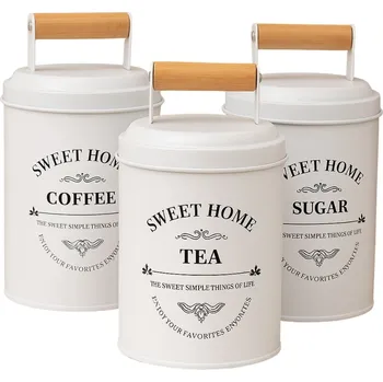Dóza na potraviny CONFORTIME Sada 3ks plechových dóz SWEET HOME na čaj, kávu a cukr, víčko s dřevěným madlem