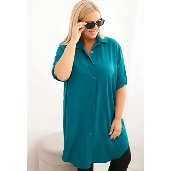 Dámské šaty Košilové šaty s delším zadním dílem a podhnutými rukávy model 22356 tmavě tyrkysové