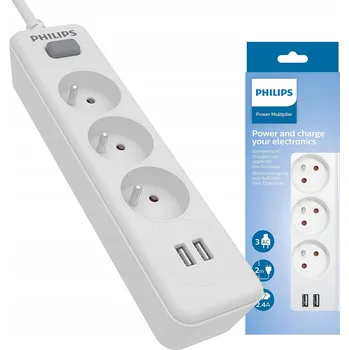 Napájecí kabel PRODLUŽOVACÍ KABEL ZÁSUVKOVÁ LIŠTA PHILIPS SPN3032WA/19 2X USB 2,4 A 3 ZÁSUVKY