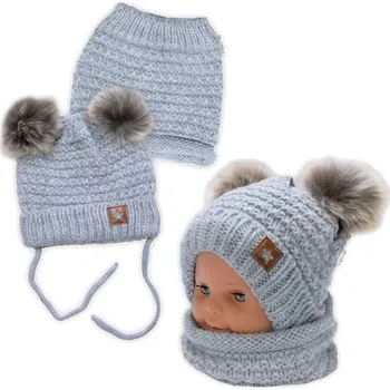 Čepice Zimní pletená čepice Star s fleecem a chlupáčkové bambulky+komínek 2D sada, šedý melírek 98/104