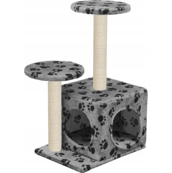 Škrabadlo pro kočky, luxusní, s domečkem a platformami, šedé s tlapkami, 40x30x
