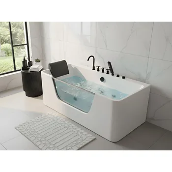 Vana Vana s hydromasáží bílý akryl nerezová ocel černé kování 160 x 75 cm skleněný panel opěrka hlavy Beliani