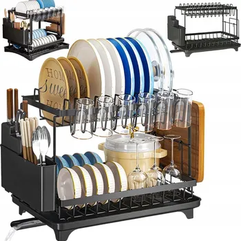 Odkapávač na nádobí Stojací dvoupodlažkový odkapávač na nádobí velký černý odkapávač na nádobí