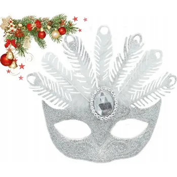 Vánoční dekorace DEKORATIVNÍ ZÁVĚS MASKA BENÁTSKÁ STŘÍBRNÁ BÍLÉ PEŘÍ VÁNOČNÍ KOULE BROKÁT