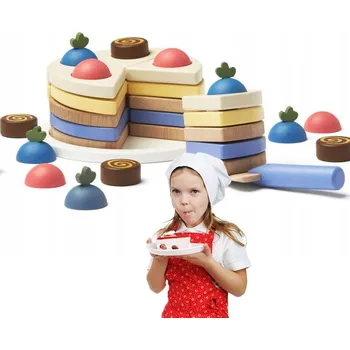 Dřevěná hračka Dřevěný narozeninový DORT se suchým zipem, doplňky čokoláda vrstvy