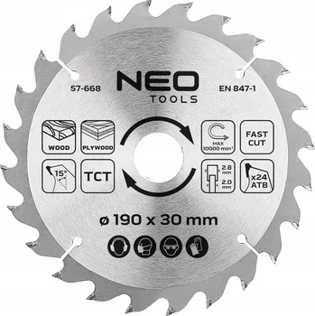 Pilový kotouč Kotouč na pilu, vidiový, 190 x 30 mm, 24 zubů, na dřevo NEO TOOLS