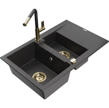 MEXEN/S - Gaspar granitový dřez 1.5 s odkapávačem včetně baterie Flora, černá kropenatá 6507-76-670401-75-G