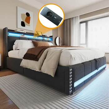 Postel Čalouněná postel Dvoulůžko LED 180x200 USB Poličky Hydraulické šedá