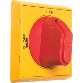 vypínač KNOFLÍK ŽLUTO-ČERVENÝ ROZLOŽENÝ NA DESCE S ODEMYKÁNÍM 1 Ks. ABB
