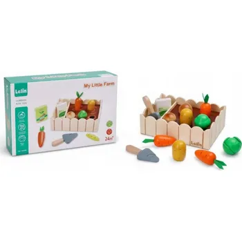Dřevěná hračka DŘEVĚNÁ ZAHRÁDKA SE ZELENINOU, SADA S SE ZELENINOU A NÁŘADÍM, HRAČKA 2+