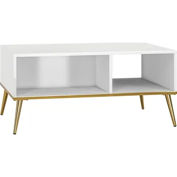 Konferenční stolek Stylový konferenční stolek s policí pod deskou do obývacího pokoje Goldin - ML Meble Bílý Lesk / Alpská Bílá / Zlatá 90x42 cm