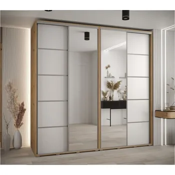 Šatní skříň Skříň s posuvnými dveřmi a zrcadlem Davos 5 240, hloubka 60 cm - Abiks Meble dub artisan-bílý mat-stříbrná 240x235.2 cm