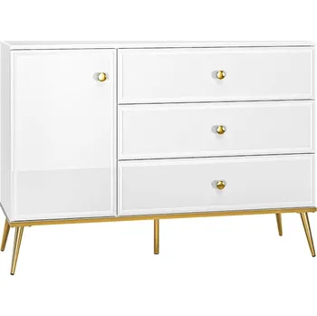 Komoda Prostorná jednodveřová komoda se zásuvkami do obývacího pokoje Goldin - ML Meble Bílý Lesk / Alpská Bílá / Zlatá 120x85 cm