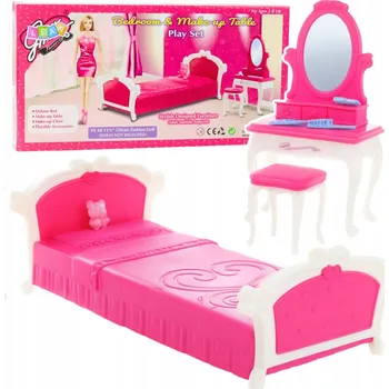 Sada Nábytek do Ložnice pro Panenky - Toaletní Stolek, Židle, Postel, Růžová