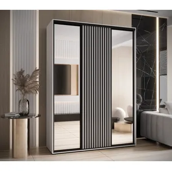 Šatní skříň Šatní skříň s posuvnými dveřmi a zrcadlem Lanko 2 170, hloubka 45 cm - Abiks Meble Bílý / Bílý, černé lamely 170x235.2 cm