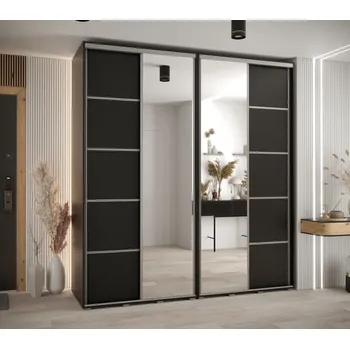 Šatní skříň Skříň s posuvnými dveřmi a zrcadlem Davos 5 220, hloubka 60 cm - Abiks Meble černý mat-stříbrná 220x235.2 cm