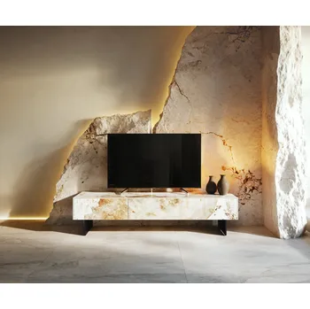 Televizní stolek DELIFE TV stolek Cuor 150 cm keramika Minas Melange bílá béžová 1 výklopná dvířka 1 zásuvka podnož závěsná kov černá
