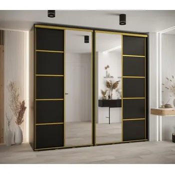 Šatní skříň Skříň s posuvnými dveřmi a zrcadlem Davos 5 250, hloubka 50 cm - Abiks Meble Černá / Zlatá 250x235.2 cm