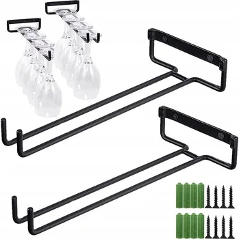 Stojan na víno DRŽÁK ZÁVĚSNÝ NA SKLENIČKY NA VÍNO ŠAMPAŇSKÉ ČERNÝ DO BARU KUCHYNĚ HOSPODY 4X