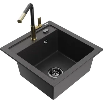 Kuchyňský dřez MEXEN/S - Vito granitový dřez 1-miska včetně baterie Flora, černá kropenatá 6503-76-670401-75-B