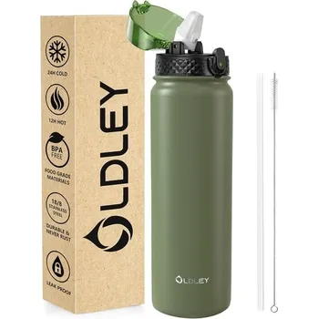 Termoska Láhev na vodu OLDLEY z nerezové oceli s brčkem, 1l izolovaná láhev na vodu, termoska, bez BPA -