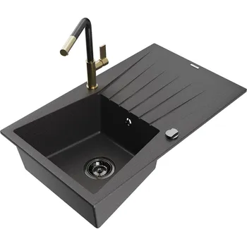 Kuchyňský dřez MEXEN/S - Cesar granitový dřez 1-miska s odkapávačem včetně baterie Flora, černá kropenatá 6514-76-670401-75-B