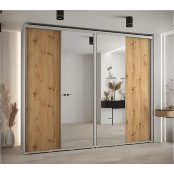 Šatní skříň Vysoká šatní skříň s posuvnými dveřmi Davos 3 280, hloubka 60 cm, výška 235,2 cm - Abiks Meble bílá mat-dub artisan-stříbrná 280x235.2 cm