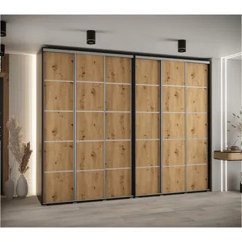 Šatní skříň Vysoká šatní skříň s posuvnými dveřmi Davos 4 300, hloubka 60 cm, výška 235,2 cm - Abiks Meble černý mat-dub artisan-stříbrná 300x235.2 cm
