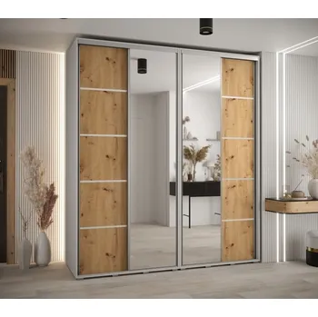 Šatní skříň Skříň s posuvnými dveřmi a zrcadlem Davos 5 210, hloubka 60 cm - Abiks Meble bílá mat-dub artisan-stříbrná 210x235.2 cm