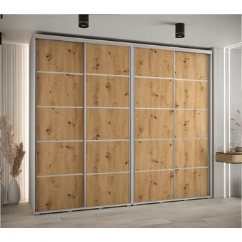 Šatní skříň Vysoká šatní skříň s posuvnými dveřmi Davos 4 280, hloubka 60 cm, výška 235,2 cm - Abiks Meble bílá mat-dub artisan-stříbrná 280x235.2 cm