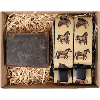 Peněženka PIX Dárkový set pro muže - Kožená peněženka a kšandy - Koně