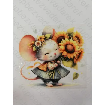 Nažehlovací obrázek na folii - myška se slunečnicí č.1 - 13,5 x 14 cm