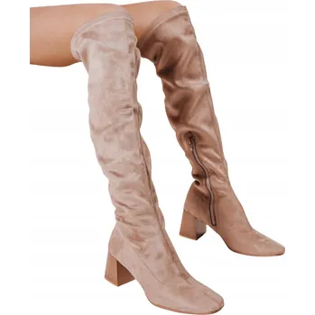 Dámské kozačky Dámské béžové semišové kozačky na sloupku elegantní ZY1244 - 41