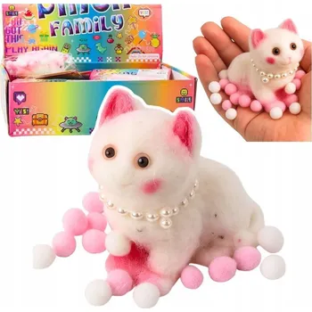Figurka Mačkací Hračka Senzorická měkká kočička s perlami Pomponiky bílá 8 cm