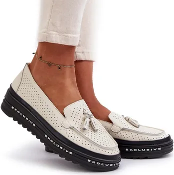 Dámské mokasíny Dámské kožené mokasíny na platformě, béžové, s perforováním, velikost 37